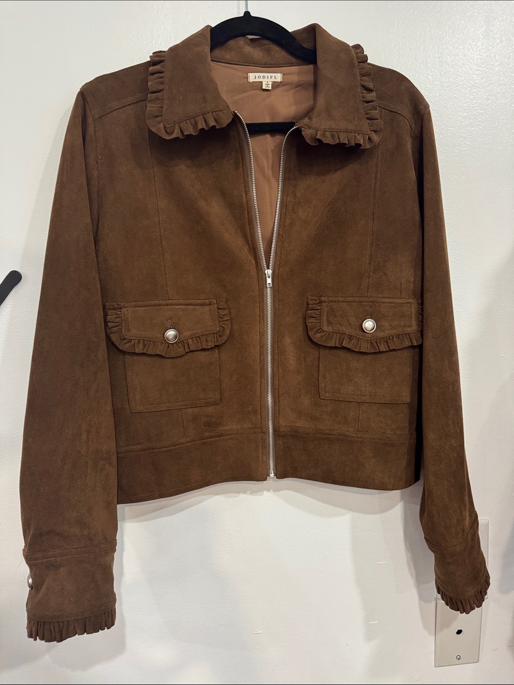 JODIFL Brown Suede Ruffle-Trim Zip Jacket